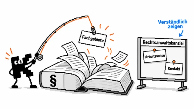 Der K-Macher angelt Fachgebiete aus einem Gesetzbuch; eine Kanzleitafel zeigt Arbeitsweise und Kontakt.