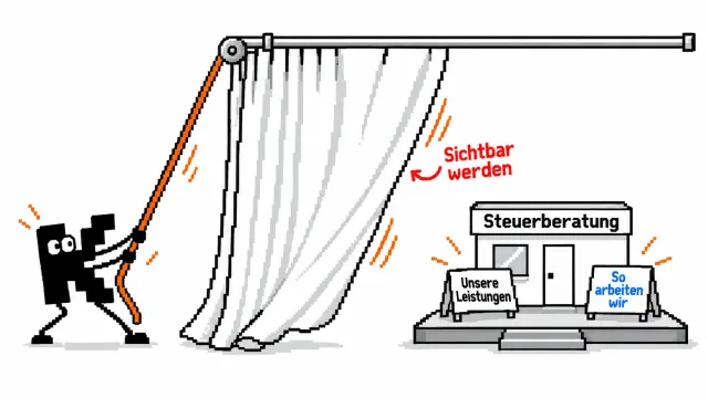 Der K-Macher zieht einen Vorhang auf und macht eine Steuerkanzlei mit ihren Leistungen und ihrer Arbeitsweise sichtbar.